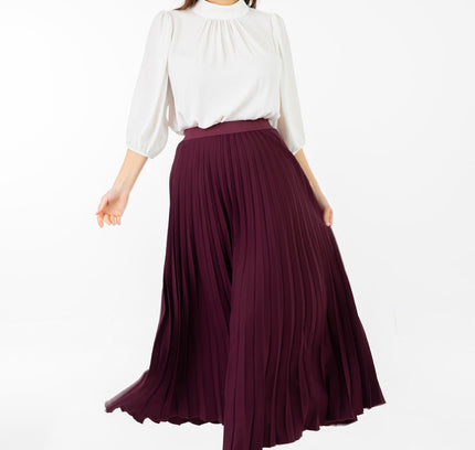 Damson Pleated Maxi Skirt Elastic Waist Band Ankle Length Plisse Skirt - G - Line