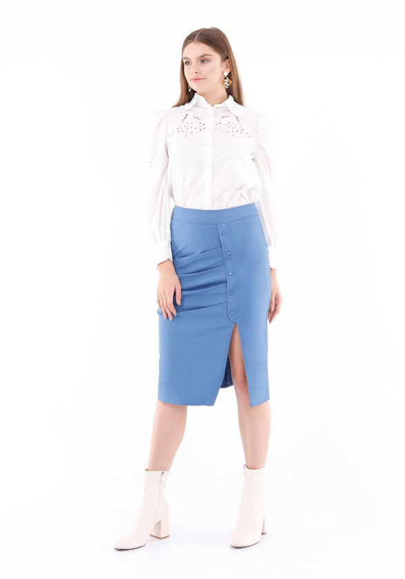 Elegant Slit Side High Waist Pencil Midi Skirt (Indigo) - G - Line