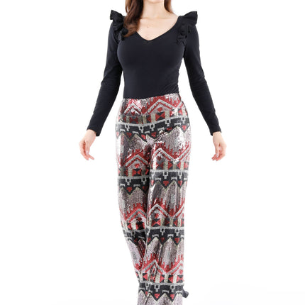 Ethnic Patterned Sequin Pants - Black - G - Line