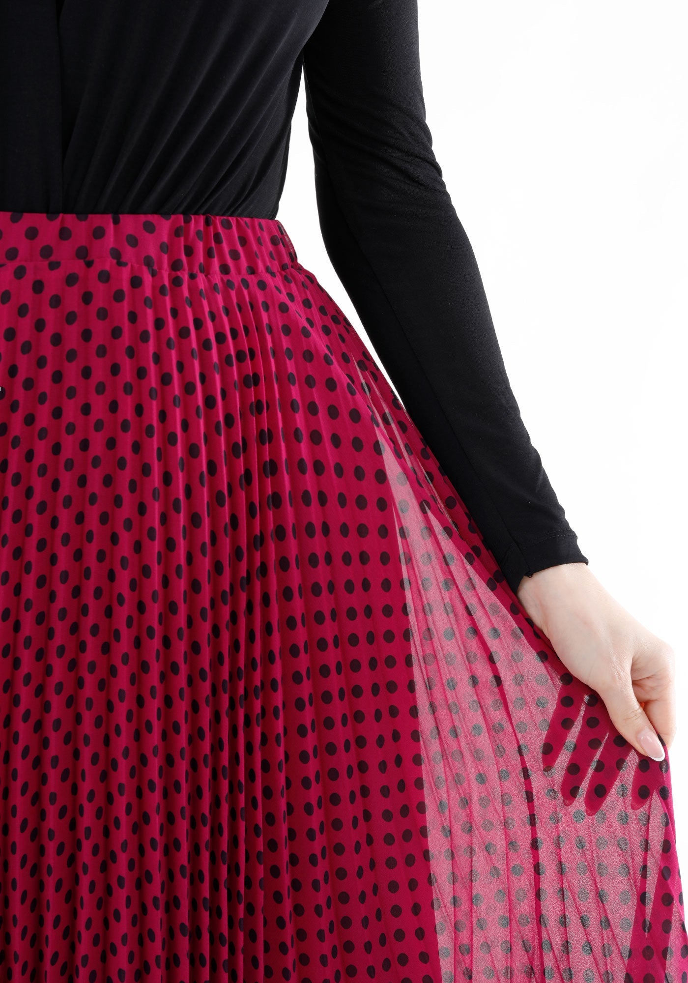 Fuchsia Chiffon Polka Dot Pattern Pleated Midi Skirt - G - Line