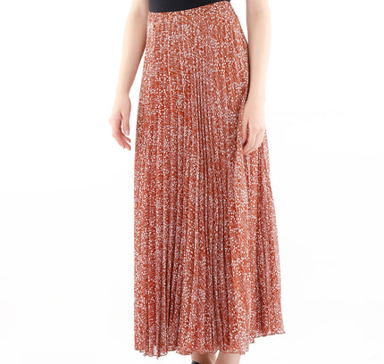 Ginger Brown Pleated Floral Plisse Maxi Skirt with Elastic High Waist - G - Line