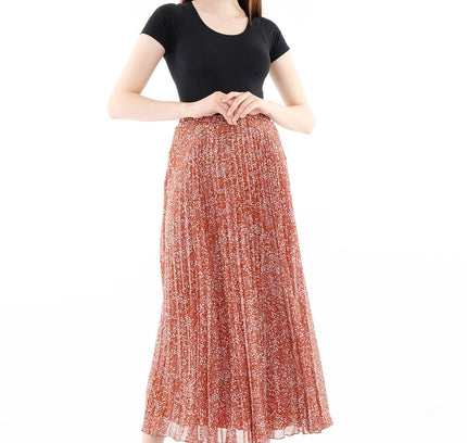 Ginger Brown Pleated Floral Plisse Maxi Skirt with Elastic High Waist - G - Line
