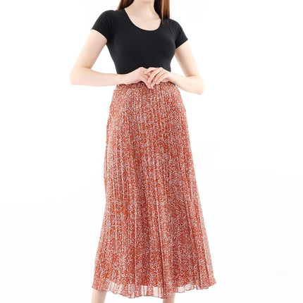 Ginger Brown Pleated Floral Plisse Maxi Skirt with Elastic High Waist - G - Line