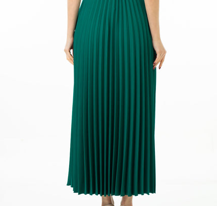 Green Pleated Maxi Skirt Elastic Waist Band Ankle Length Plisse Skirt - G - Line