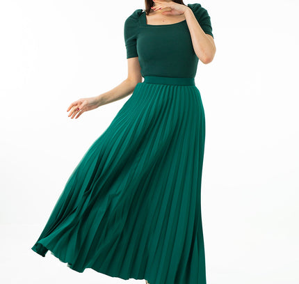 Green Pleated Maxi Skirt Elastic Waist Band Ankle Length Plisse Skirt - G - Line