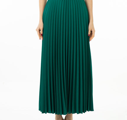 Green Pleated Maxi Skirt Elastic Waist Band Ankle Length Plisse Skirt - G - Line