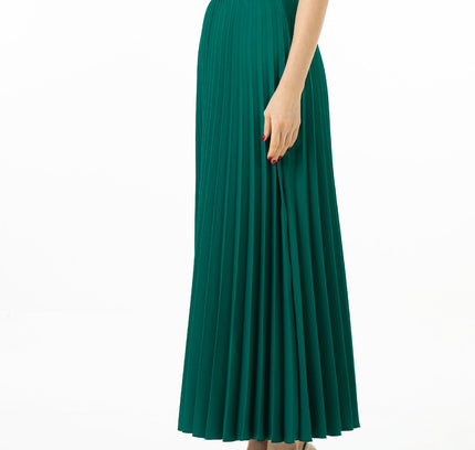 Green Pleated Maxi Skirt Elastic Waist Band Ankle Length Plisse Skirt - G - Line