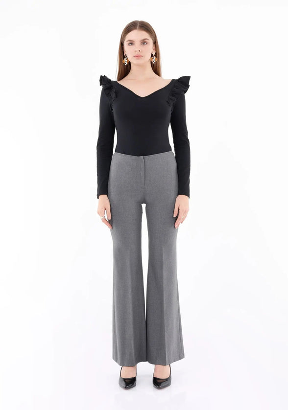 Grey Bootcut Pants - High Waisted Flare Trousers - G - Line