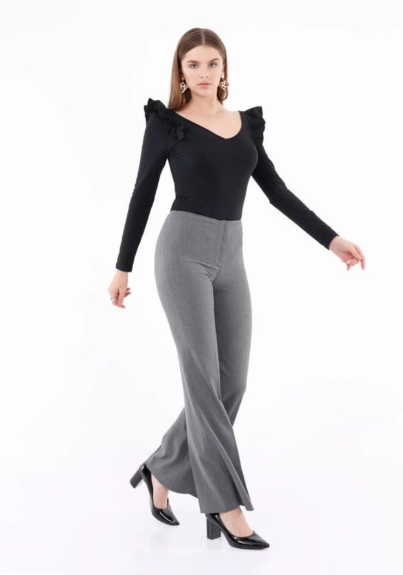 Grey Bootcut Pants - High Waisted Flare Trousers - G - Line