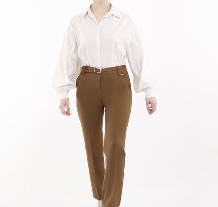 Hazelnut Straight Leg Pants with Pockets and Belt - G - Line