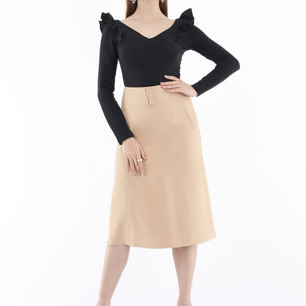 High Waist Camel Midi Skirt with Special Belt Design - G - Line