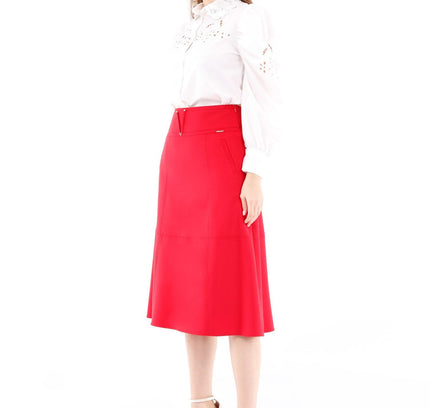 High Waist Red Midi Skirt with Special Belt Design - G - Line