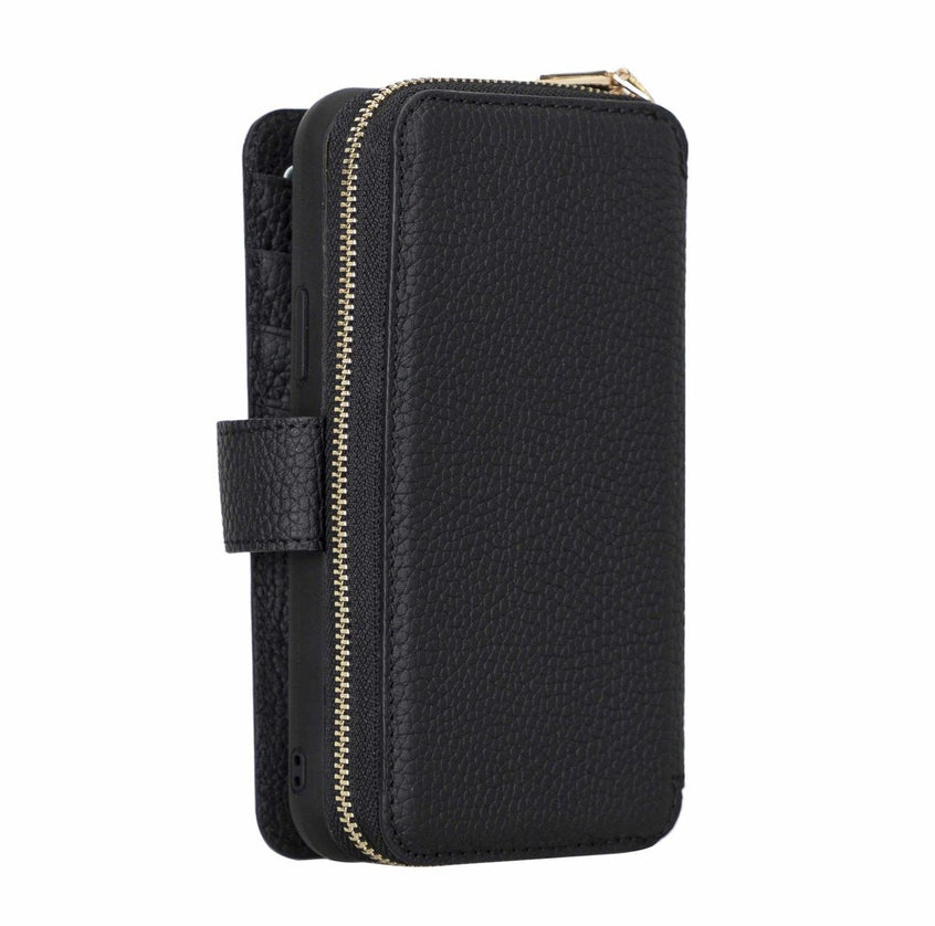 iPhone 12 - 12 Pro Zipper Full Grain Leather Wallet Case Purse with Holster - G - Line