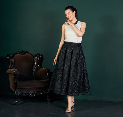 Jacquard Organza Flare Pleated Midi Skirt - G - Line