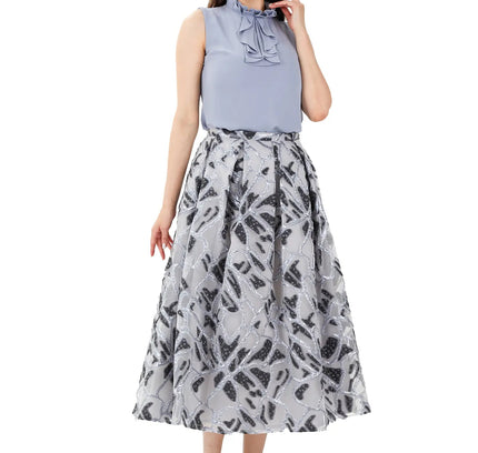 Jacquard Organza Flare Pleated Midi Skirt - G - Line