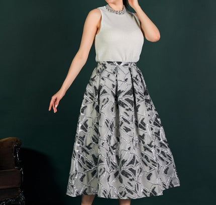 Jacquard Organza Flare Pleated Midi Skirt - G - Line