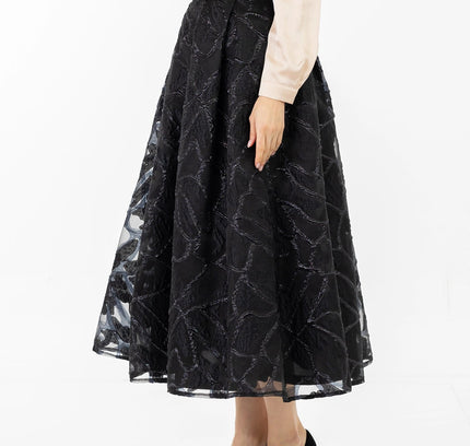 Jacquard Organza Flare Pleated Midi Skirt - G - Line