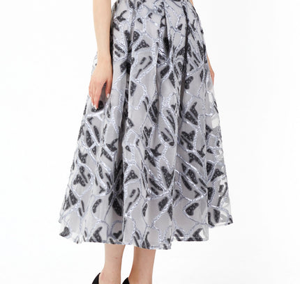 Jacquard Organza Flare Pleated Midi Skirt - G - Line