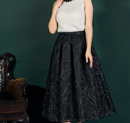 Jacquard Organza Flare Pleated Midi Skirt - G - Line