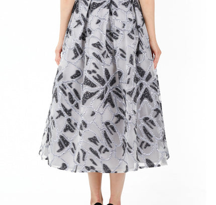 Jacquard Organza Flare Pleated Midi Skirt - G - Line