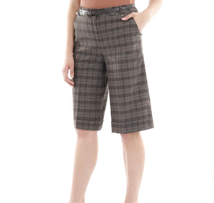 Midi Shorts Tartan Gingham Pattern Short Pants with Belt (Grey - Brown) - G - Line