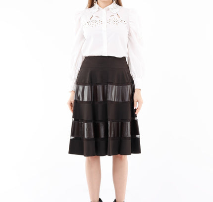 Midi Two Ply Brown Flare Skirt with Tulle and Vegan Leather Lines - G - Line