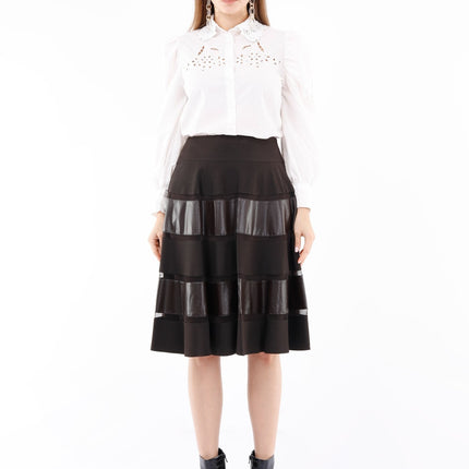 Midi Two Ply Brown Flare Skirt with Tulle and Vegan Leather Lines - G - Line