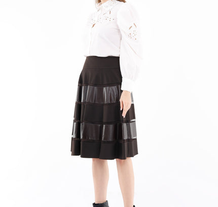 Midi Two Ply Brown Flare Skirt with Tulle and Vegan Leather Lines - G - Line
