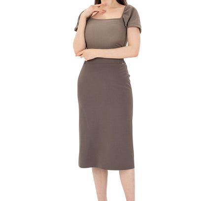 Mink Midi Pencil Skirt with Elastic Waist and Closed Back Vent - G - Line