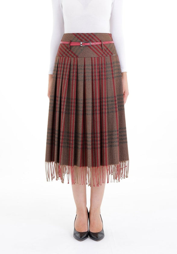 Mink Plaid Pleated Tassel Tartan Midi Skirt - G - Line