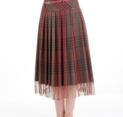 Mink Plaid Pleated Tassel Tartan Midi Skirt - G - Line