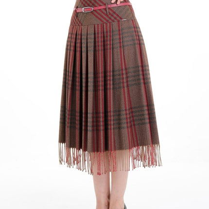 Mink Plaid Pleated Tassel Tartan Midi Skirt - G - Line