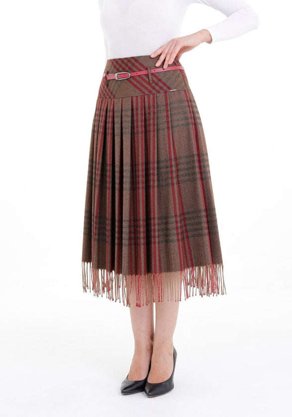 Mink Plaid Pleated Tassel Tartan Midi Skirt - G - Line