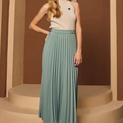 Mint Pleated Maxi Skirt Elastic Waist Band Ankle Length Plisse Skirt - G - Line