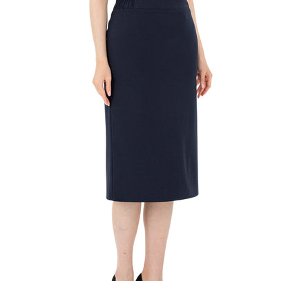 Navy Blue Midi Pencil Skirt with Elastic Waist and Closed Back Vent - G - Line