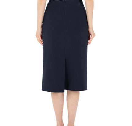 Navy Blue Midi Pencil Skirt with Elastic Waist and Closed Back Vent - G - Line