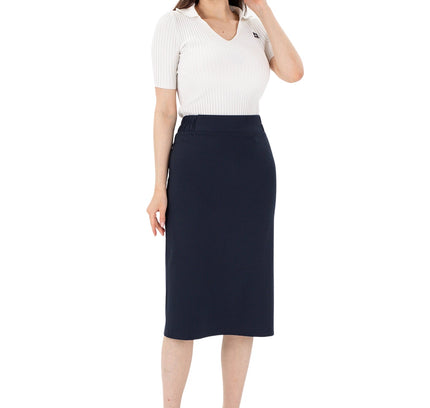 Navy Blue Midi Pencil Skirt with Elastic Waist and Closed Back Vent - G - Line