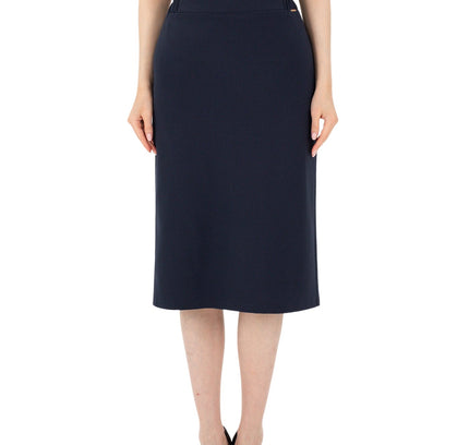 Navy Blue Midi Pencil Skirt with Elastic Waist and Closed Back Vent - G - Line