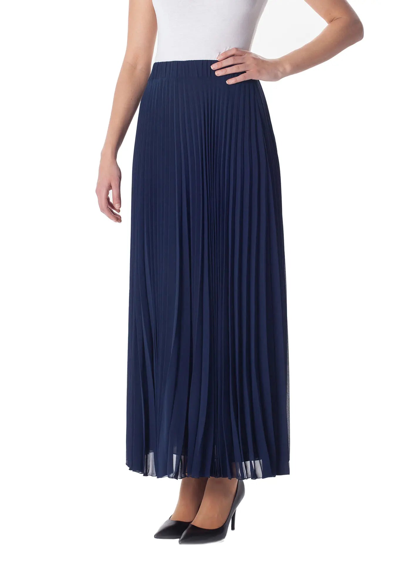 Chiffon Pleated Maxi Skirt with Elastic Waist Band Navy 6