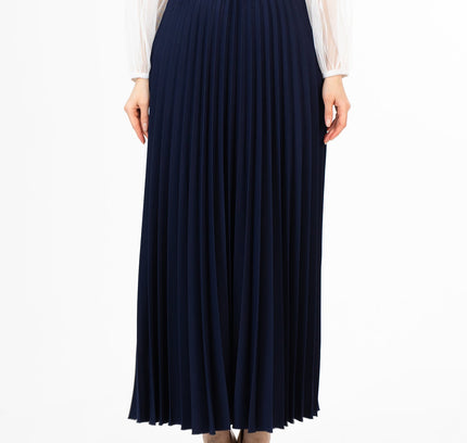 Navy Pleated Maxi Skirt Elastic Waist Band Ankle Length Plisse Skirt - G - Line