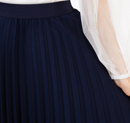 Navy Pleated Maxi Skirt Elastic Waist Band Ankle Length Plisse Skirt - G - Line