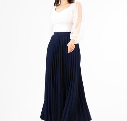 Navy Pleated Maxi Skirt Elastic Waist Band Ankle Length Plisse Skirt - G - Line