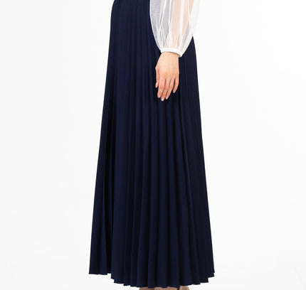 Navy Pleated Maxi Skirt Elastic Waist Band Ankle Length Plisse Skirt - G - Line