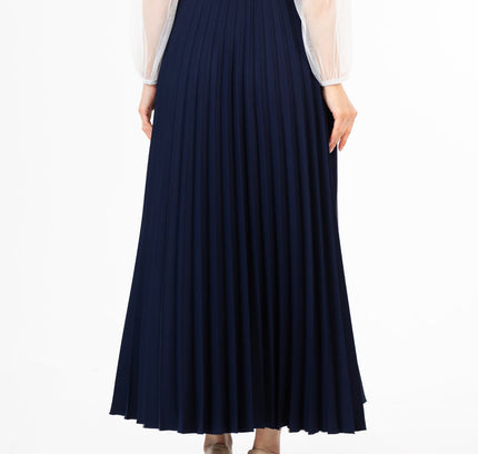 Navy Pleated Maxi Skirt Elastic Waist Band Ankle Length Plisse Skirt - G - Line