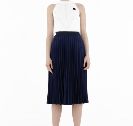 Navy Pleated Skirt High Waist Elastic Waist Band Midi Skirt - G - Line