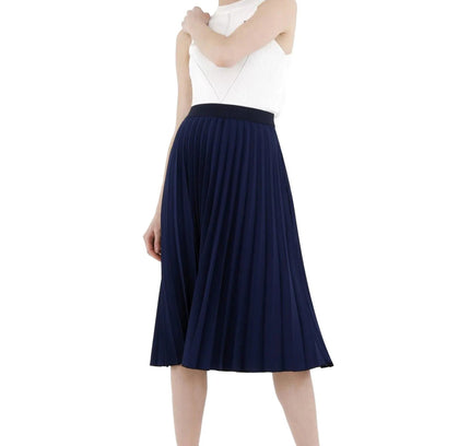 Navy Pleated Skirt High Waist Elastic Waist Band Midi Skirt - G - Line