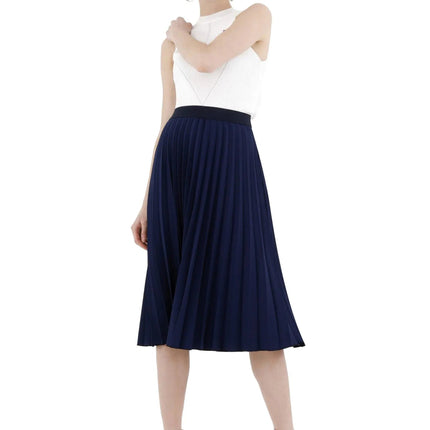 Navy Pleated Skirt High Waist Elastic Waist Band Midi Skirt - G - Line