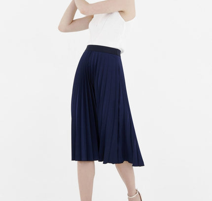 Navy Pleated Skirt High Waist Elastic Waist Band Midi Skirt - G - Line