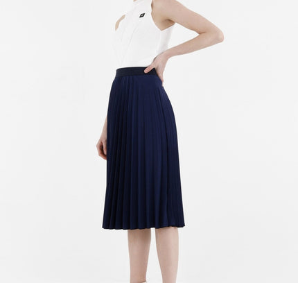 Navy Pleated Skirt High Waist Elastic Waist Band Midi Skirt - G - Line