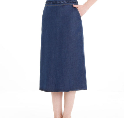 Navy Tencel A - Line Denim Midi Skirt with Knit Waistband Belt and Pockets - G - Line